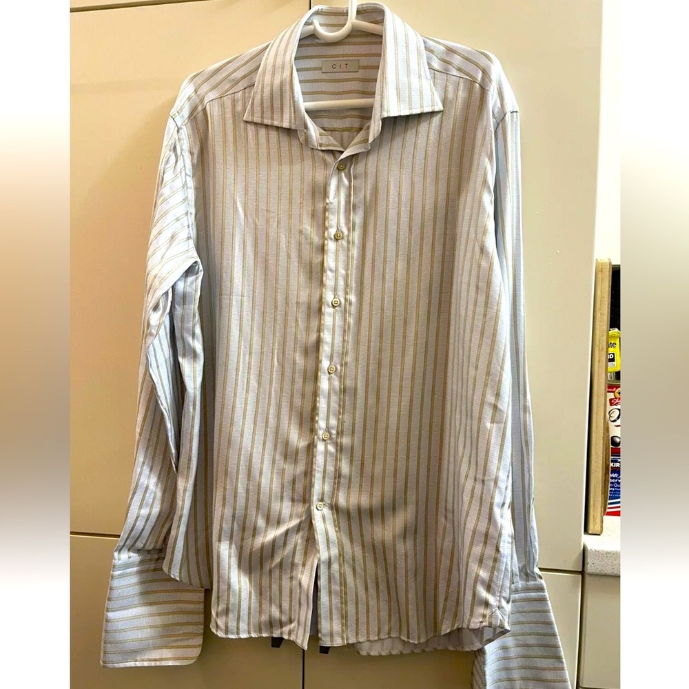 CIT Luxury Button Down Shirt Mens 43/17 light grey gold Striped Sheer